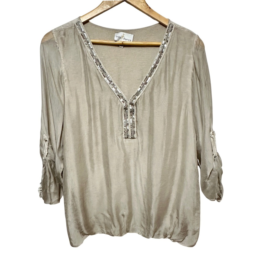 Belle France Blouse Womens M Silk Blend‎ Sequin V-Neck Champagne Shimmer Luxury
